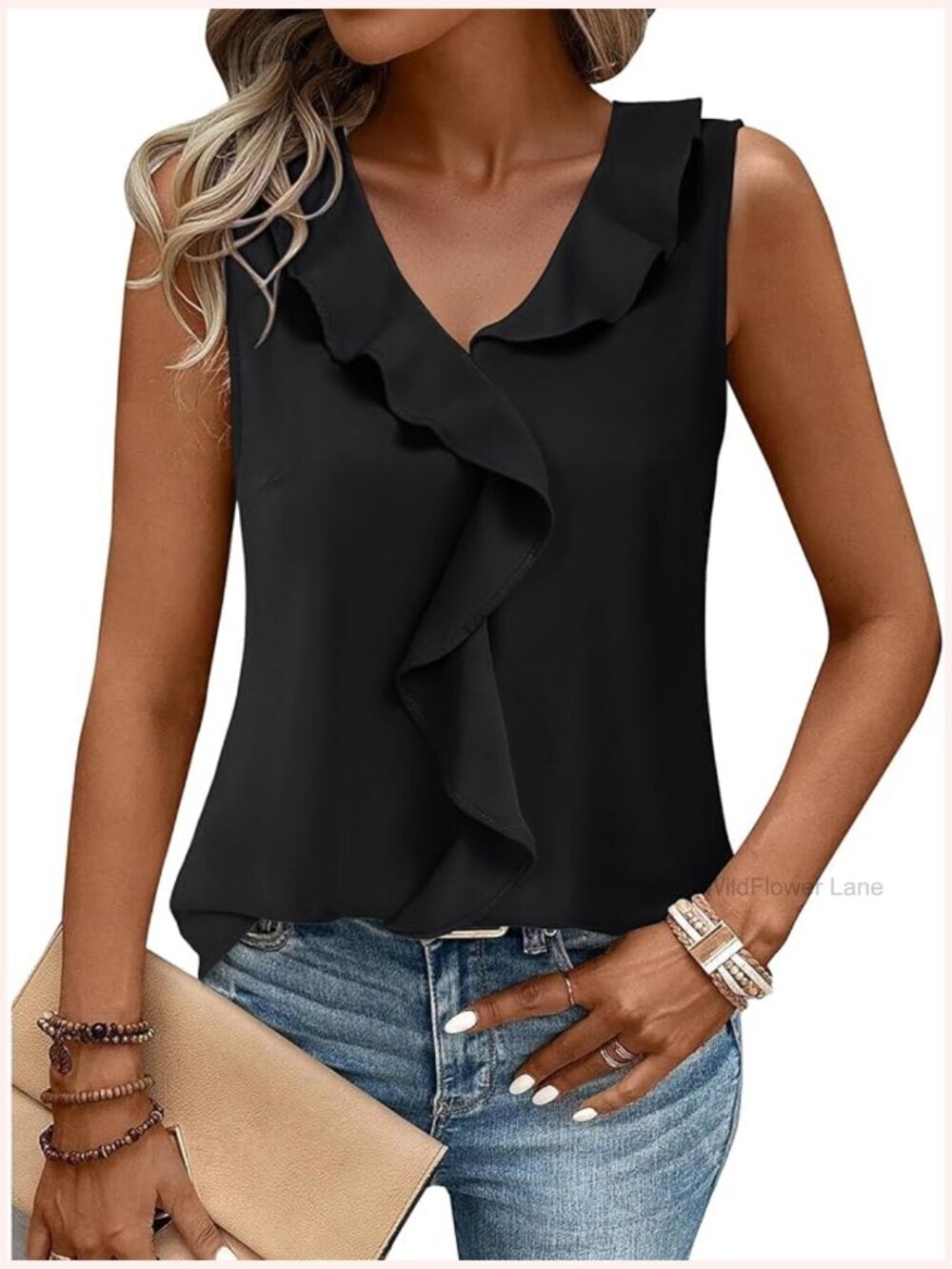 Sleeveless V-Neck Ruffle Tank Blouse Business Casual Office Top
